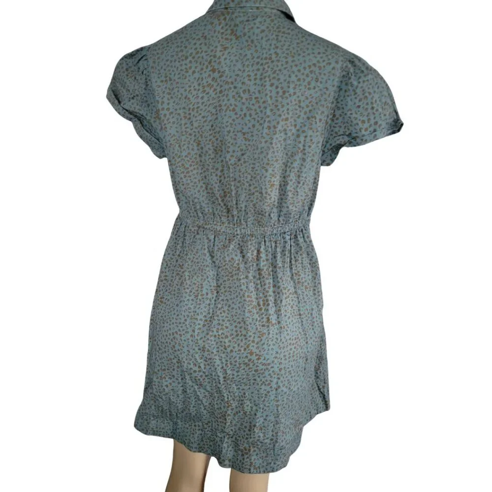 J. Crew Button Up Midi Shirt Dress Blue w Brown Animal Print - Picture 4 of 10